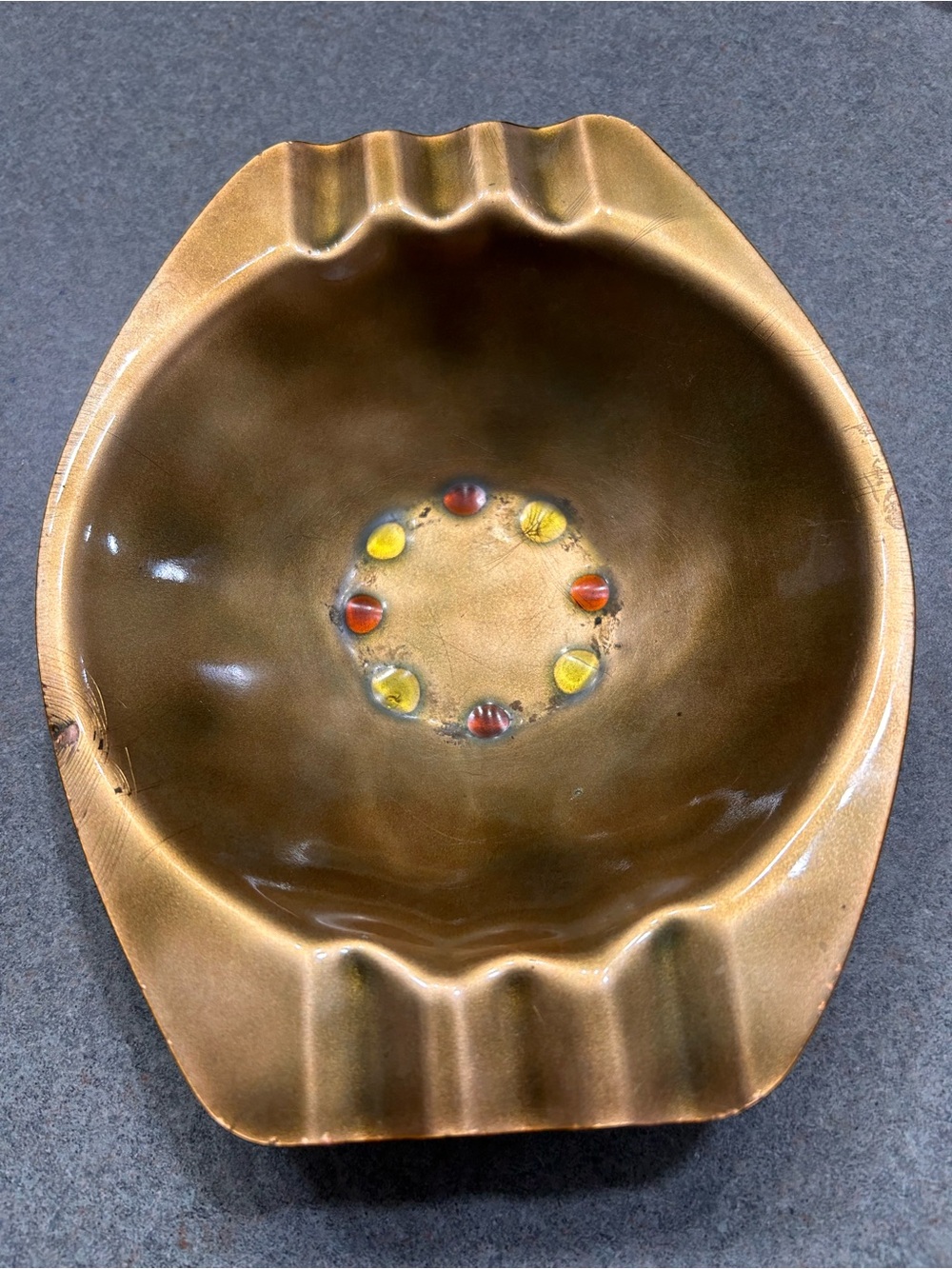 1960s Vintage MCM Ashtray metal glazed ..Dot Accent